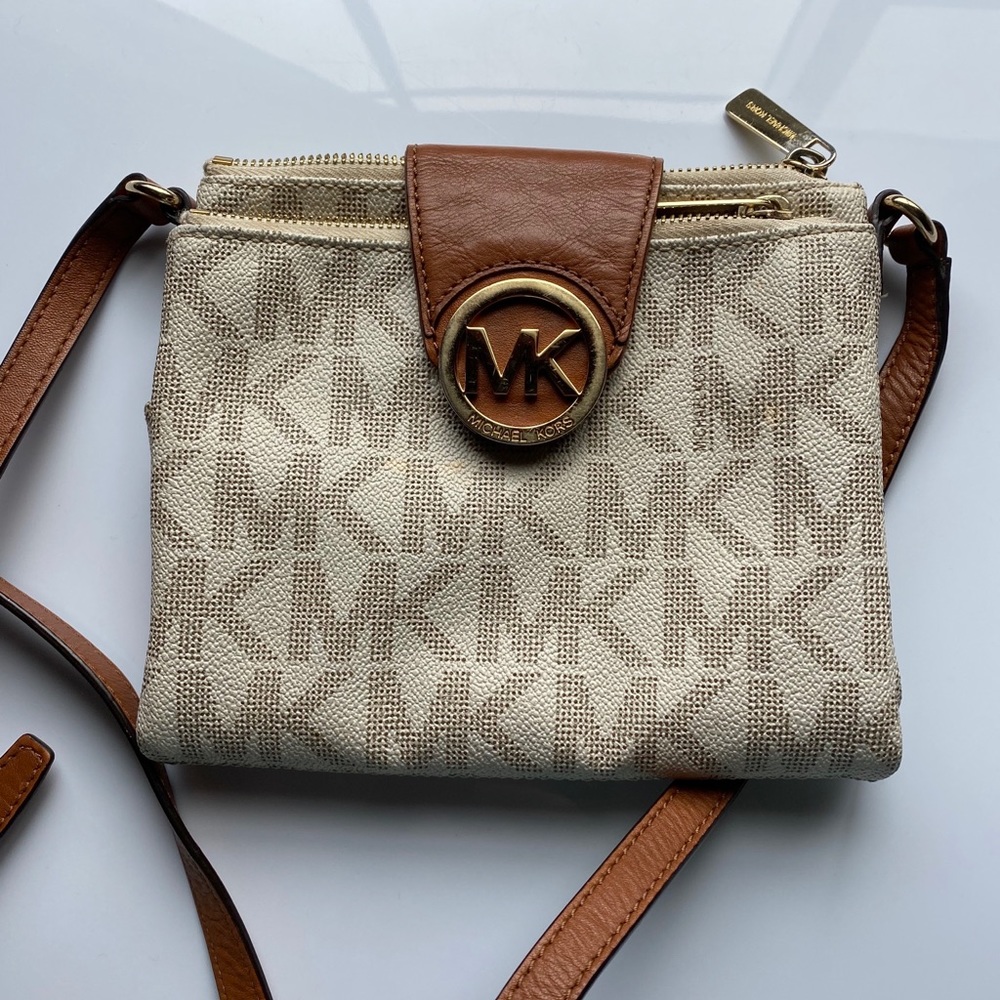 Michael Kors Beige Canvas Crossbody with Brown Leather Trim